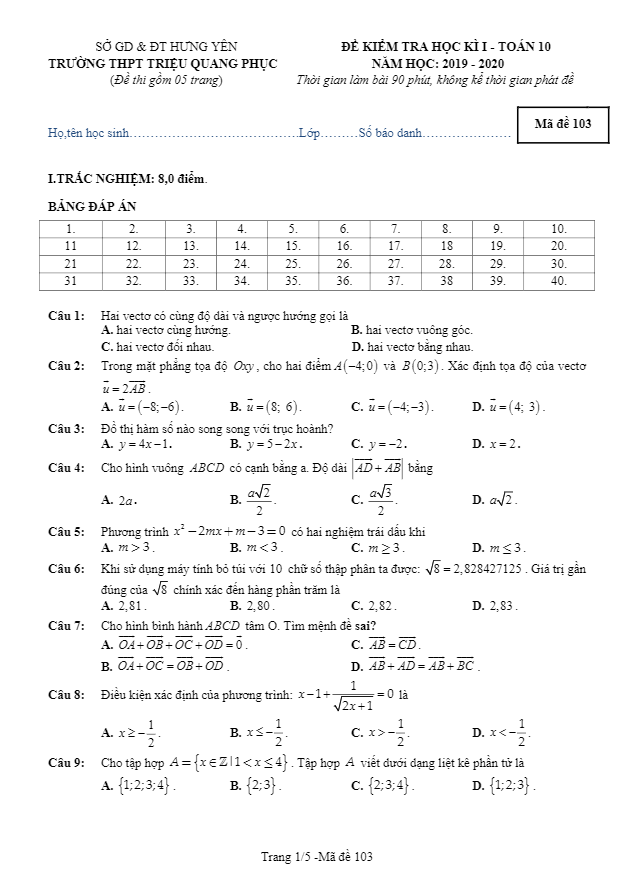 Đề thi HKI Toán 10 năm 2019 – 2020 trường Triệu Quang Phục – Hưng Yên