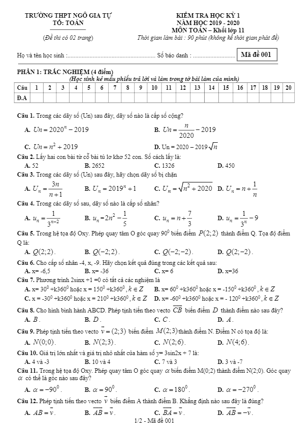 Đề thi HKI Toán 11 năm 2019 – 2020 trường THPT Ngô Gia Tự – Đắk Lắk
