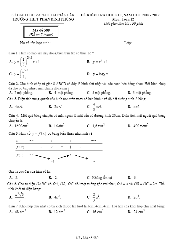 Đề thi HKI Toán 12 năm học 2018 – 2019 trường THPT Phan Đình Phùng – Đắk Lắk