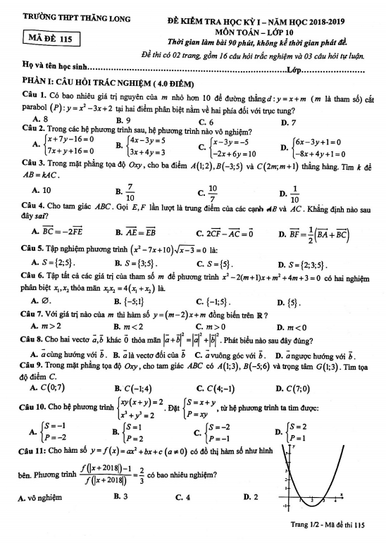 Đề thi học kì 1 Toán 10 năm 2018 – 2019 trường THPT Thăng Long – Hà Nội