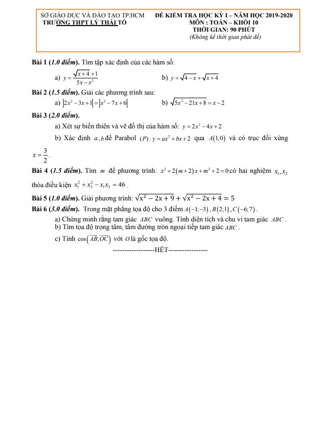 Đề thi học kì 1 Toán 10 năm 2019 – 2020 trường Lý Thái Tổ – TP HCM