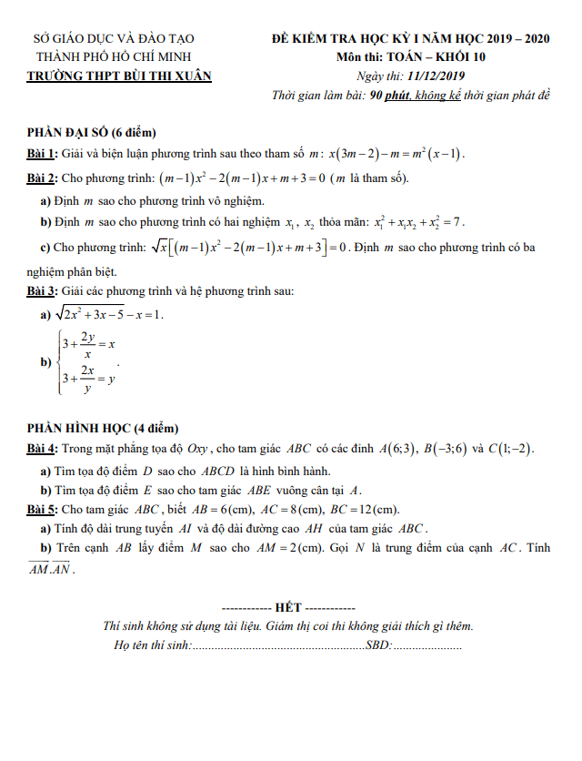 Đề thi học kì 1 Toán 10 năm 2019 – 2020 trường THPT Bùi Thị Xuân – TP HCM