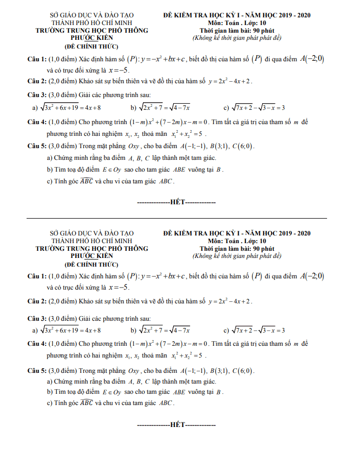 Đề thi học kì 1 Toán 10 năm 2019 – 2020 trường THPT Phước Kiển – TP HCM