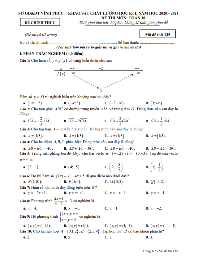 Đề thi học kì 1 Toán 10 năm học 2020 – 2021 sở GD&ĐT Vĩnh Phúc