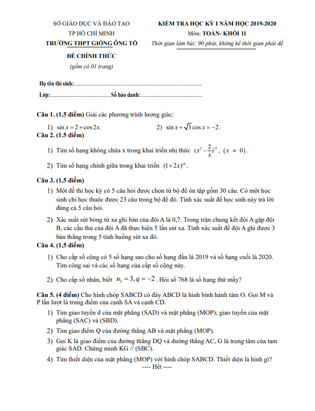 Đề thi học kì 1 Toán 11 năm 2019 – 2020 trường Giồng Ông Tố – TP HCM