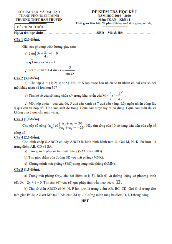 Đề thi học kì 1 Toán 11 năm 2019 – 2020 trường THPT Hàn Thuyên – TP HCM