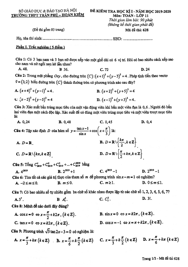 Đề thi học kì 1 Toán 11 năm 2019 – 2020 trường THPT Trần Phú – Hà Nội
