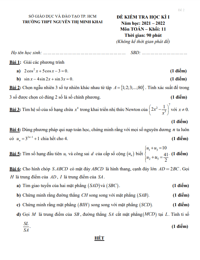 Đề thi học kì 1 Toán 11 năm 2021 – 2022 trường THPT Nguyễn Thị Minh Khai – TP HCM