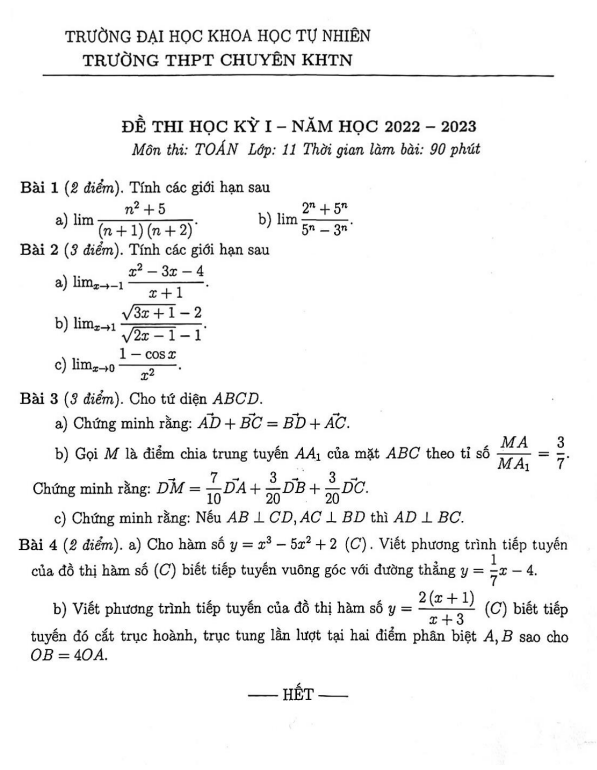 Đề thi học kì 1 Toán 11 năm 2022 – 2023 trường chuyên KHTN – Hà Nội