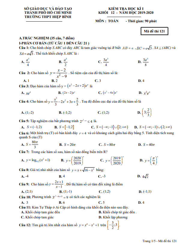 Đề thi học kì 1 Toán 12 năm 2019 – 2020 trường THPT Hiệp Bình – TP HCM