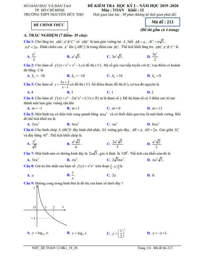 Đề thi học kì 1 Toán 12 năm 2019 – 2020 trường THPT Nguyễn Hữu Thọ – TP HCM