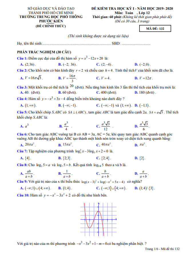 Đề thi học kì 1 Toán 12 năm 2019 – 2020 trường THPT Phước Kiển – TP HCM