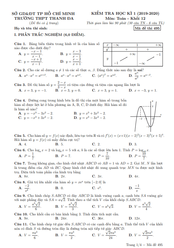 Đề thi học kì 1 Toán 12 năm 2019 – 2020 trường THPT Thanh Đa – TP HCM