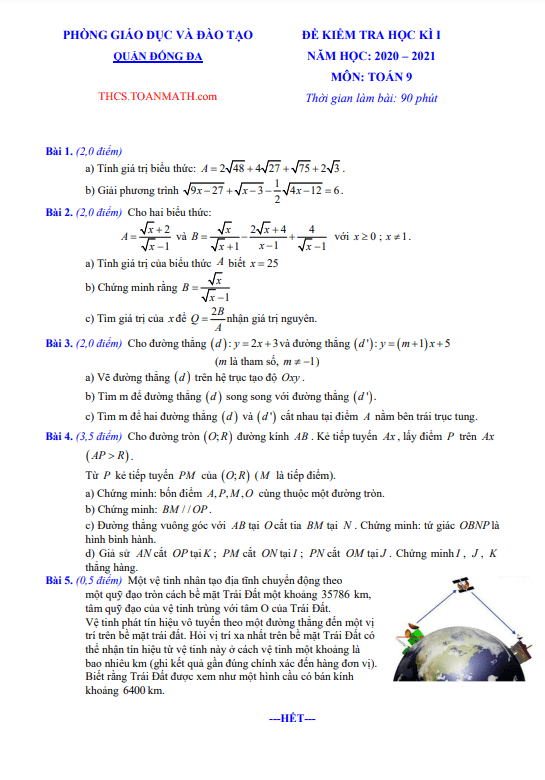 Đề thi học kì 1 Toán 9 năm 2020 – 2021 phòng GD&ĐT Đống Đa – Hà Nội