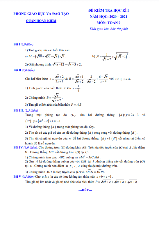 Đề thi học kì 1 Toán 9 năm 2020 – 2021 phòng GD&ĐT Hoàn Kiếm – Hà Nội