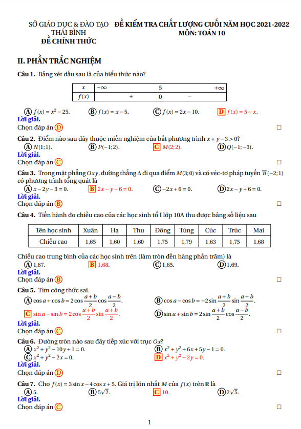 Đề thi học kì 2 môn Toán 10 năm 2021 – 2022 sở GD&ĐT Thái Bình