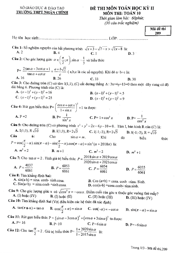 Đề thi học kì 2 Toán 10 năm 2018 – 2019 trường THPT Nhân Chính – Hà Nội