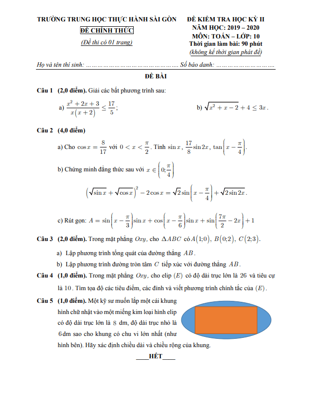 Đề thi học kì 2 Toán 10 năm 2019 – 2020 trường TH Thực hành Sài Gòn – TP HCM