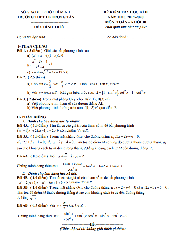 Đề thi học kì 2 Toán 10 năm 2019 – 2020 trường THPT Lê Trọng Tấn – TP HCM