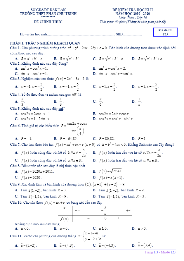 Đề thi học kì 2 Toán 10 năm 2019 – 2020 trường THPT Phan Chu Trinh – Đắk Lắk