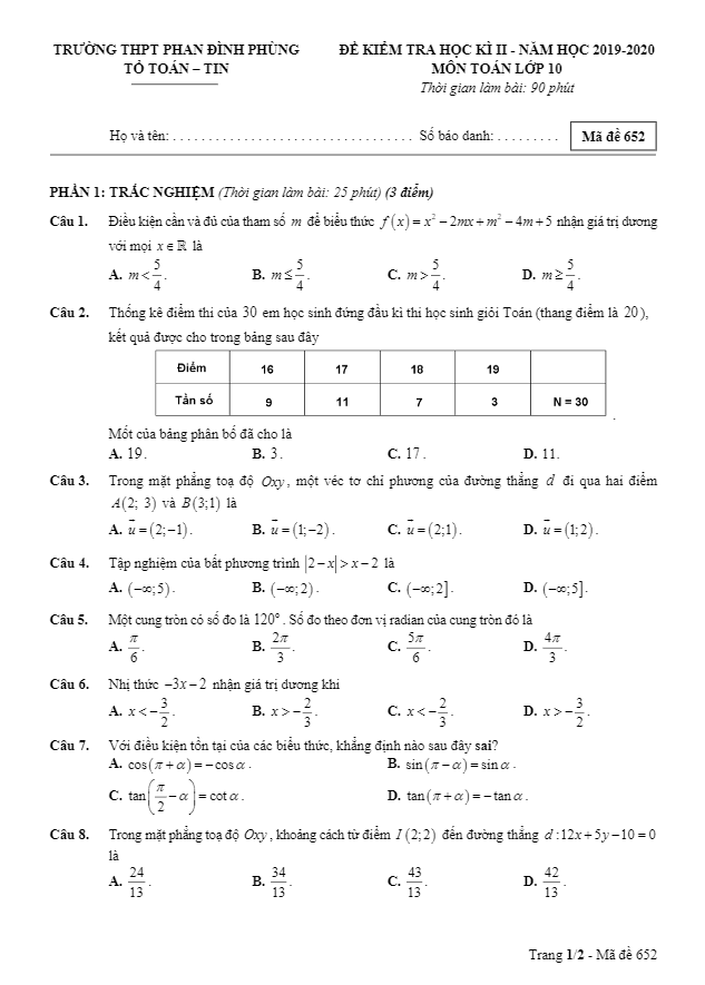 Đề thi học kì 2 Toán 10 năm 2019 – 2020 trường THPT Phan Đình Phùng – Hà Nội