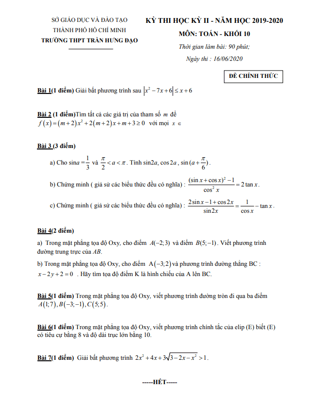 Đề thi học kì 2 Toán 10 năm 2019 – 2020 trường THPT Trần Hưng Đạo – TP HCM