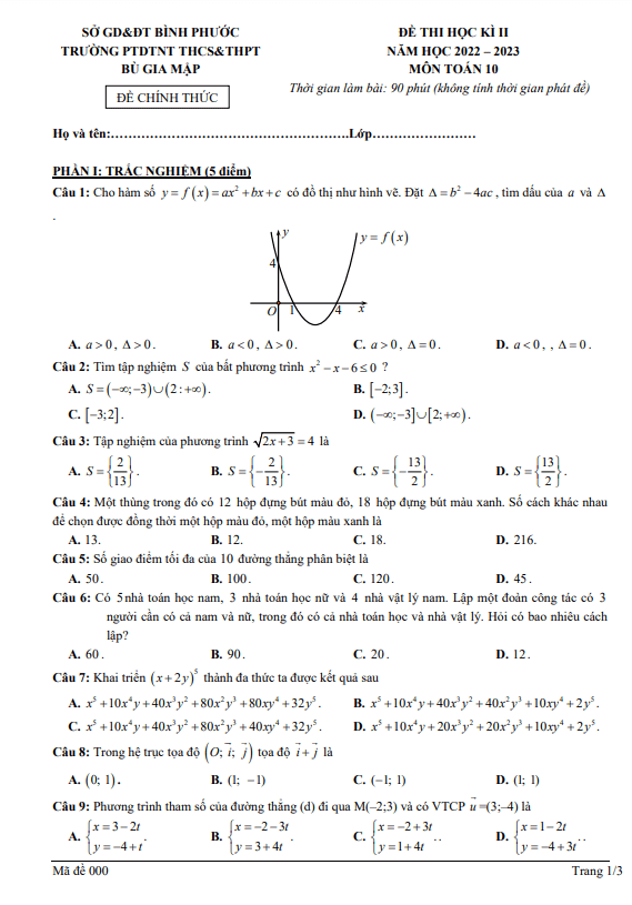Đề thi học kì 2 Toán 10 năm 2022 – 2023 trường Bù Gia Mập – Bình Phước