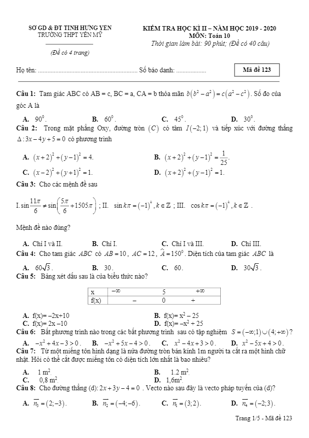 Đề thi học kì 2 Toán 10 năm học 2019 – 2020 trường THPT Yên Mỹ – Hưng Yên