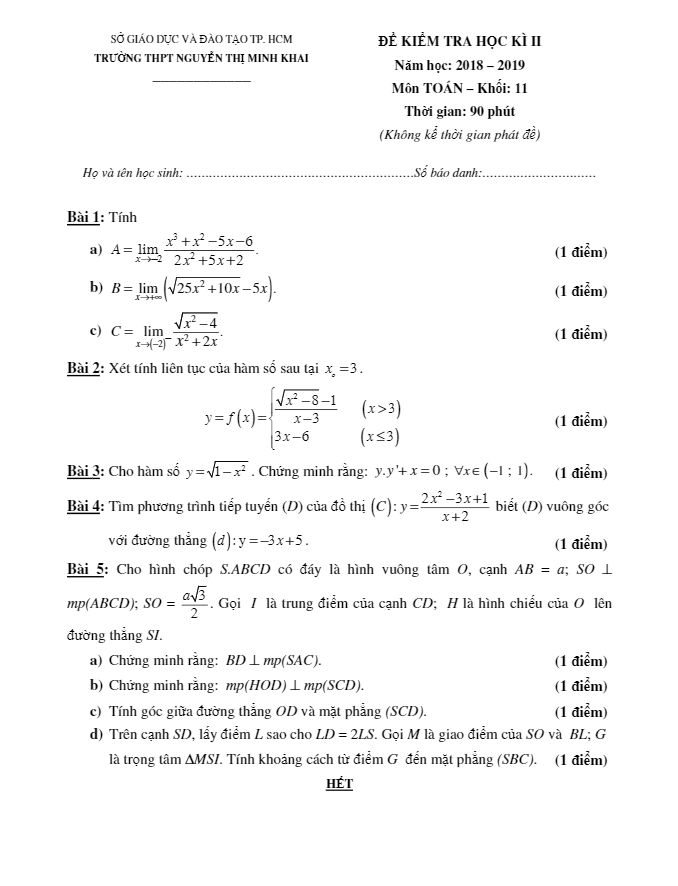 Đề thi học kì 2 Toán 11 năm 2018 – 2019 trường Nguyễn Thị Minh Khai – TP HCM