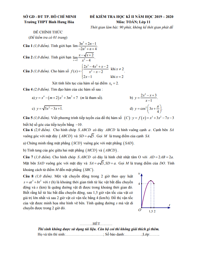 Đề thi học kì 2 Toán 11 năm 2019 – 2020 trường THPT Bình Hưng Hòa – TP HCM