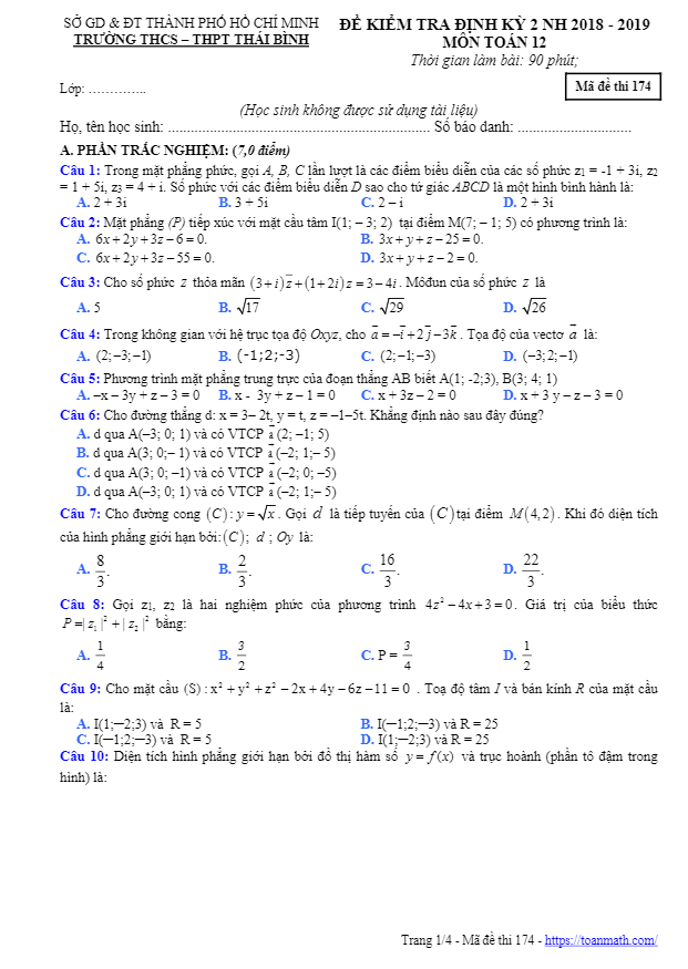 Đề thi học kì 2 Toán 12 năm 2018 – 2019 trường THCS – THPT Thái Bình – TP HCM