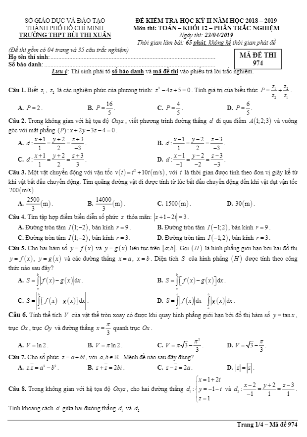 Đề thi học kì 2 Toán 12 năm 2018 – 2019 trường THPT Bùi Thị Xuân – TP HCM