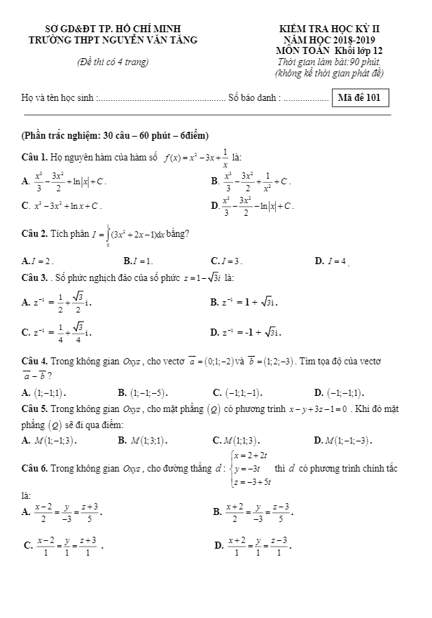 Đề thi học kì 2 Toán 12 năm 2018 – 2019 trường THPT Nguyễn Văn Tăng – TP HCM