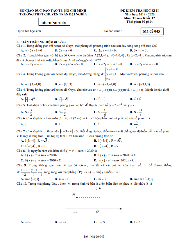 Đề thi học kì 2 Toán 12 năm 2019 – 2020 trường chuyên Trần Đại Nghĩa – TP HCM