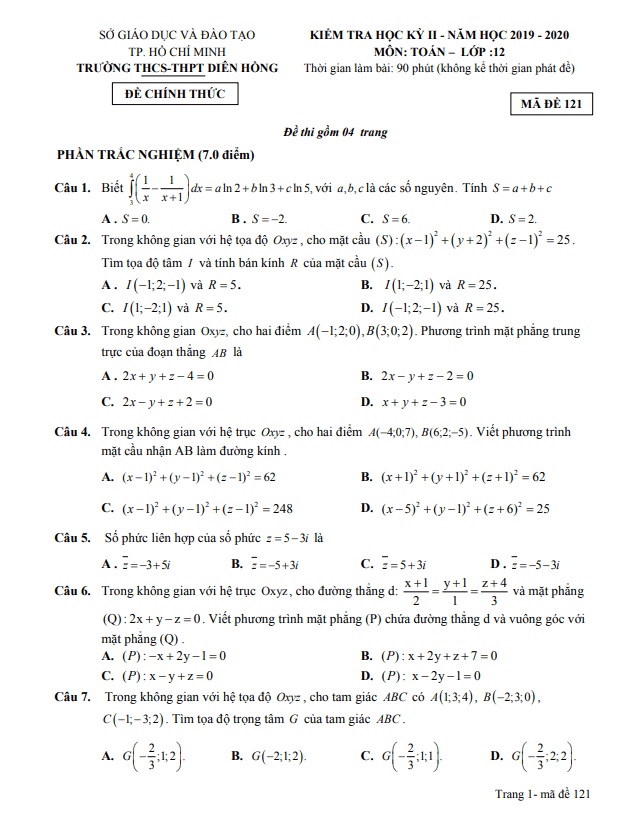 Đề thi học kì 2 Toán 12 năm 2019 – 2020 trường Diên Hồng – TP HCM