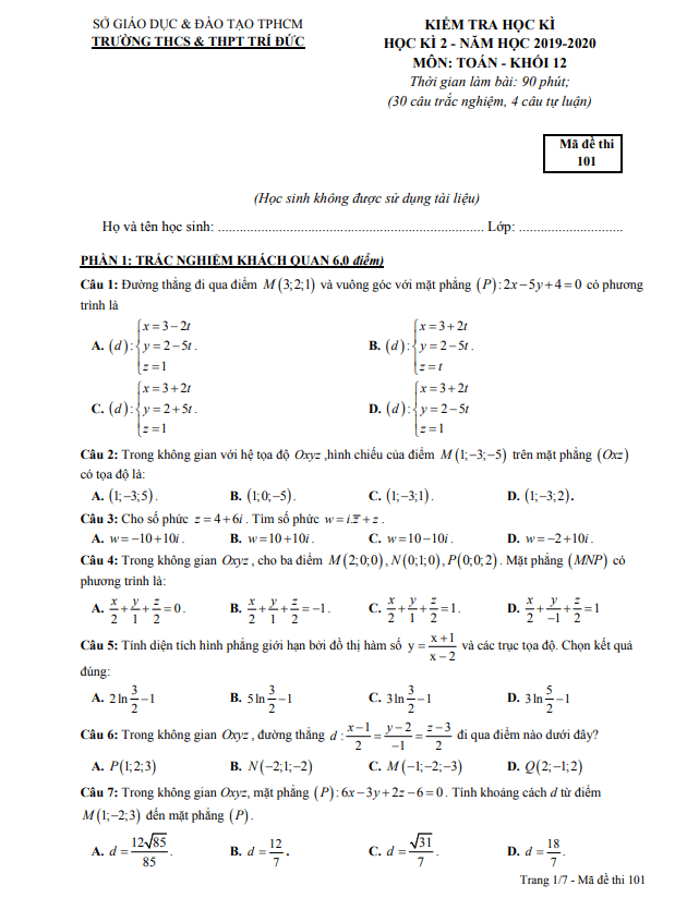 Đề thi học kì 2 Toán 12 năm 2019 – 2020 trường THCS&THPT Trí Đức – TP HCM