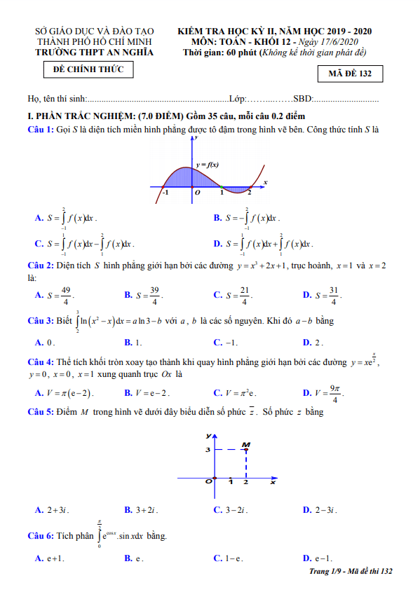 Đề thi học kì 2 Toán 12 năm 2019 – 2020 trường THPT An Nghĩa – TP HCM