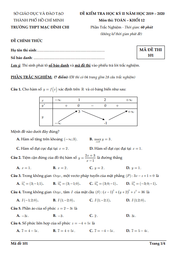 Đề thi học kì 2 Toán 12 năm 2019 – 2020 trường THPT Mạc Đĩnh Chi – TP HCM