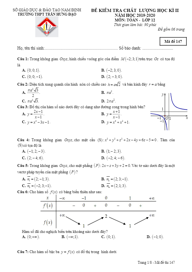 Đề thi học kì 2 Toán 12 năm 2019 – 2020 trường THPT Trần Hưng Đạo – Nam Định