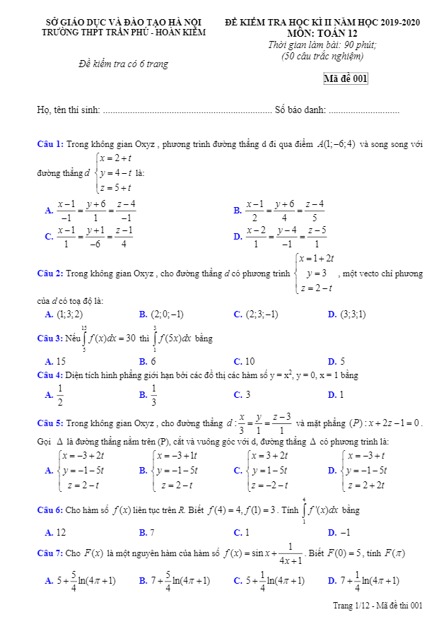 Đề thi học kì 2 Toán 12 năm 2019 – 2020 trường THPT Trần Phú – Hà Nội