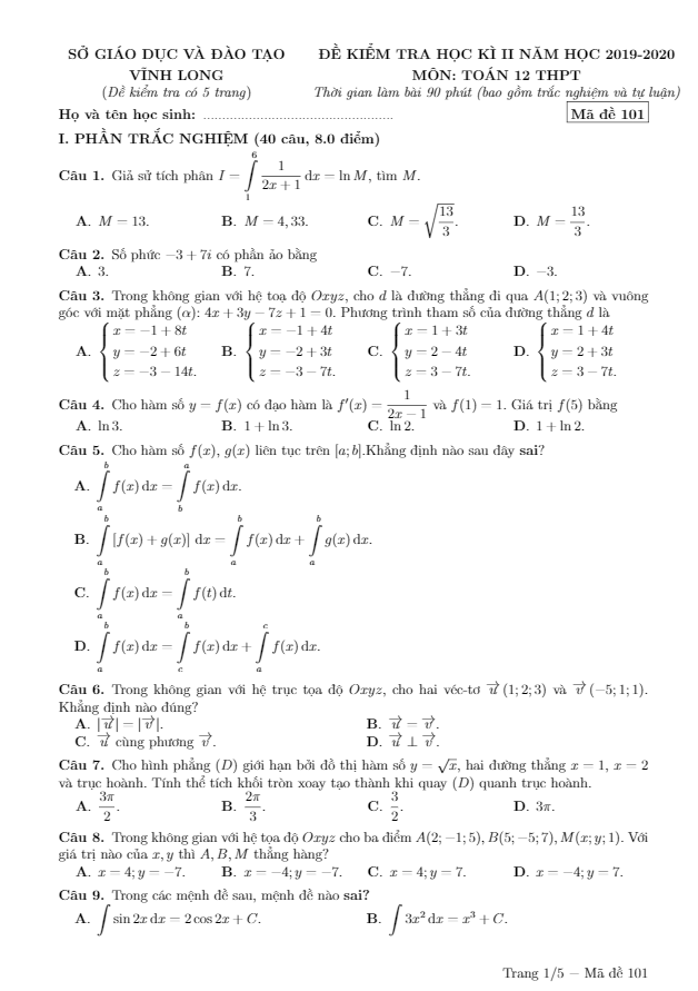 Đề thi học kì 2 Toán 12 THPT năm học 2019 – 2020 sở GD&ĐT Vĩnh Long