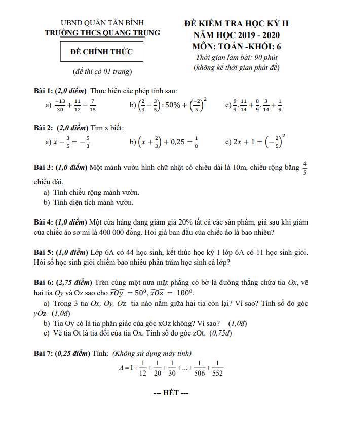 Đề thi học kì 2 Toán 6 năm 2019 – 2020 trường THCS Quang Trung – TP HCM