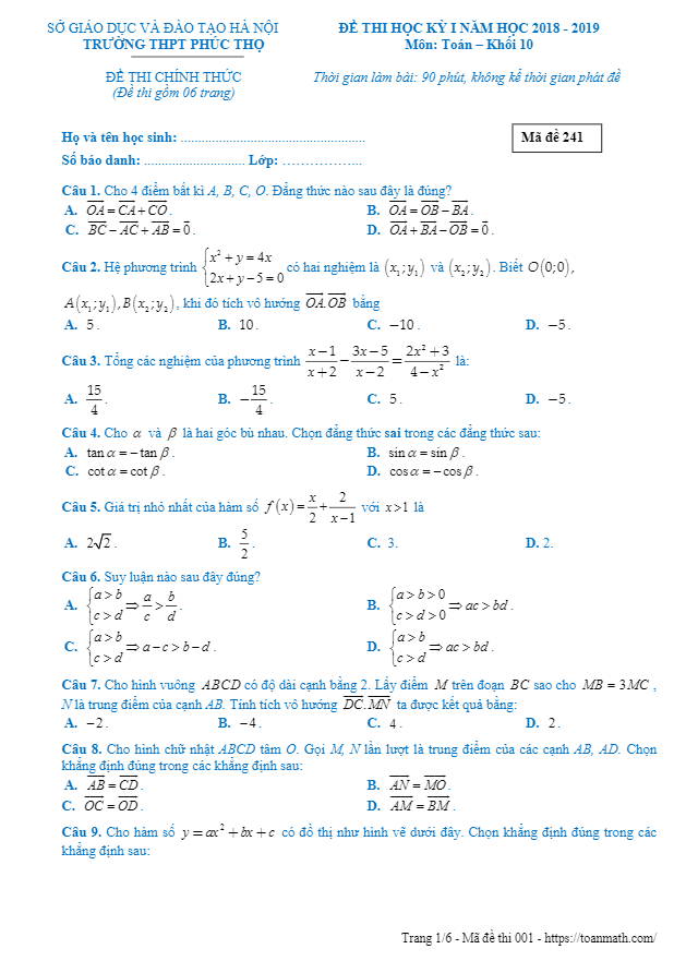 Đề thi học kỳ 1 Toán 10 năm 2018 – 2019 trường THPT Phúc Thọ – Hà Nội