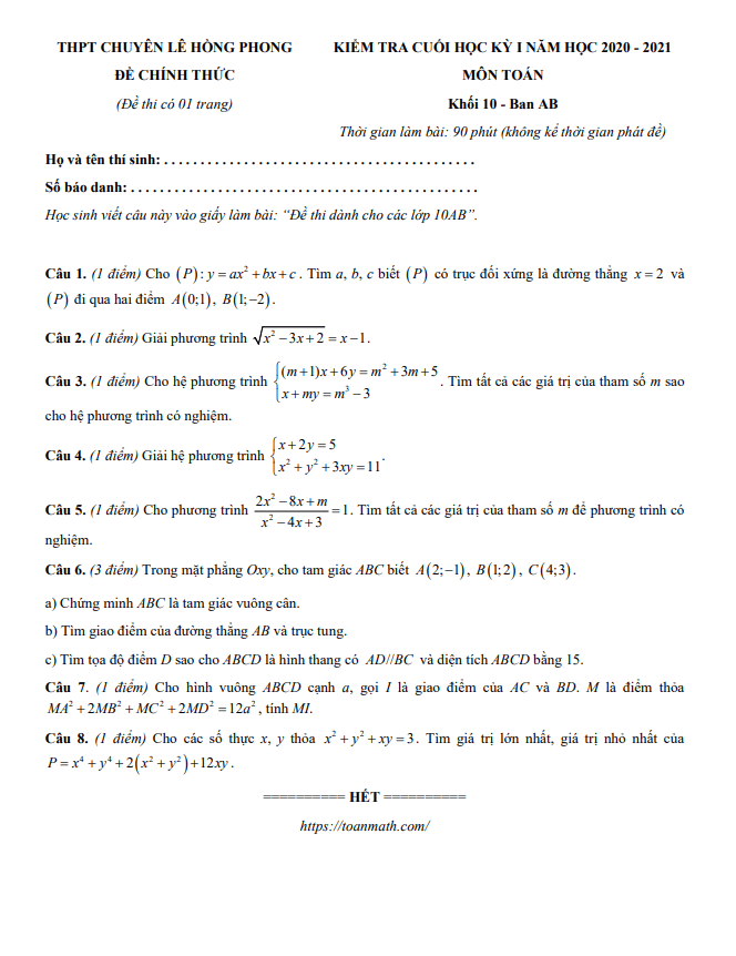 Đề thi học kỳ 1 Toán 10 năm 2020 – 2021 trường chuyên Lê Hồng Phong – TP HCM