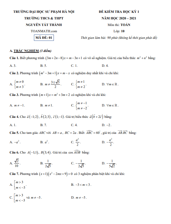Đề thi học kỳ 1 Toán 10 năm 2020 – 2021 trường Nguyễn Tất Thành – Hà Nội