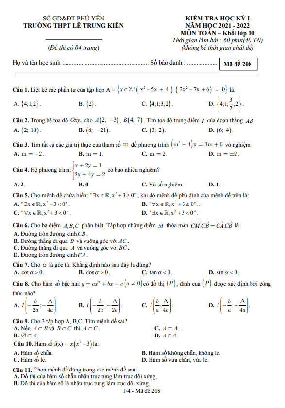 Đề thi học kỳ 1 Toán 10 năm 2021 – 2022 trường THPT Lê Trung Kiên – Phú Yên