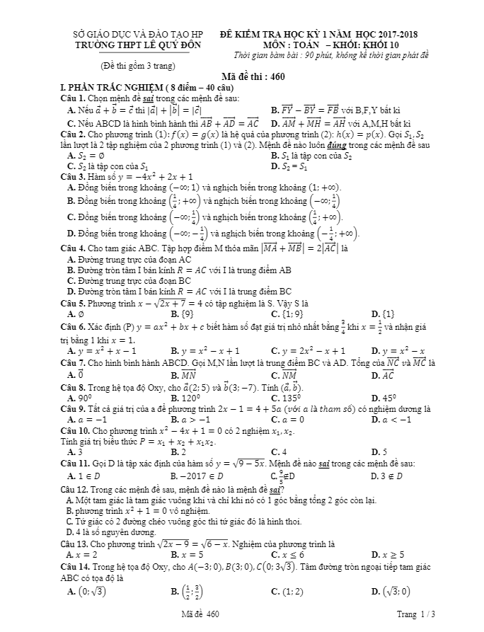 Đề thi học kỳ 1 Toán 10 năm học 2017 – 2018 trường THPT Lê Quý Đôn – Hải Phòng