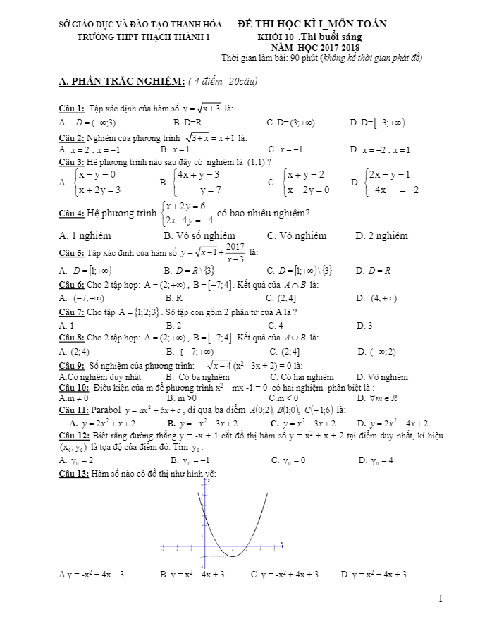 Đề thi học kỳ 1 Toán 10 năm học 2017 – 2018 trường THPT Thạch Thành 1 – Thanh Hóa