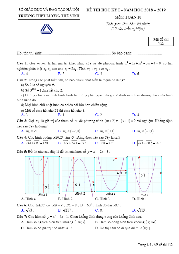 Đề thi học kỳ 1 Toán 10 năm học 2018 – 2019 trường Lương Thế Vinh – Hà Nội
