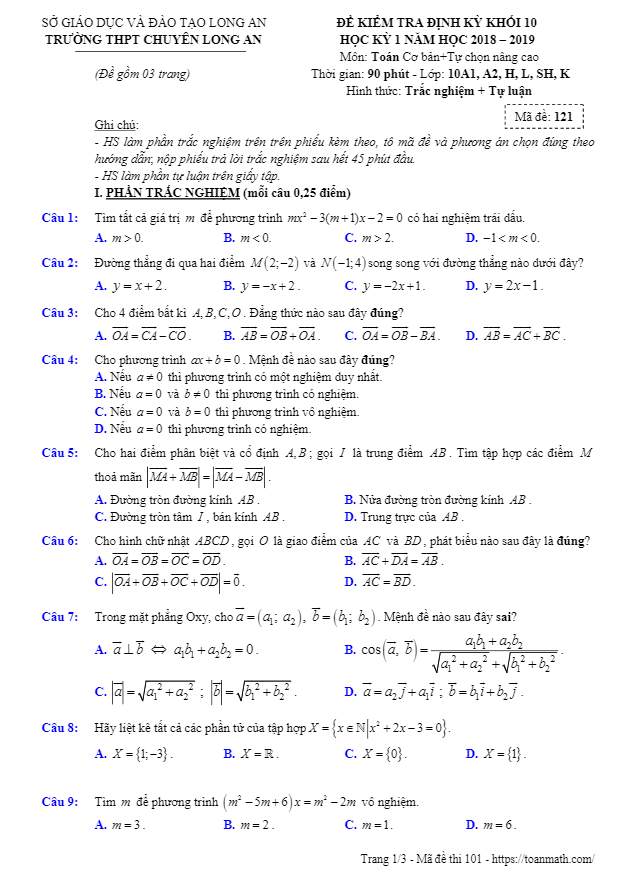 Đề thi học kỳ 1 Toán 10 năm học 2018 – 2019 trường THPT chuyên Long An